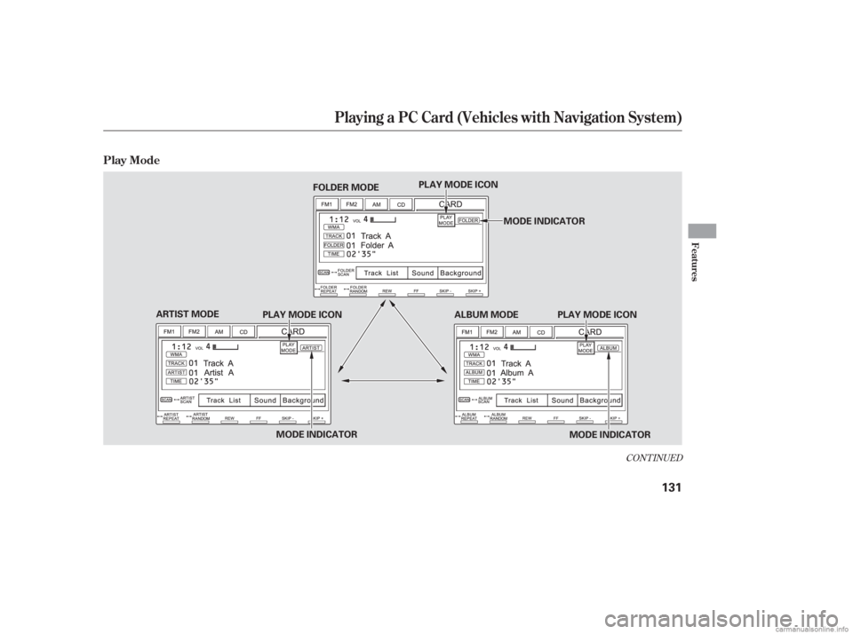 HONDA CIVIC SEDAN 2006  Owners Manual (in English) CONT INUED
Playing a PC Card (Vehicles with Navigation System)
Play Mode
Features
131
FOLDER MODE
ARTIST MODE ALBUM MODE
MODE INDICATOR MODE INDICATOR
MODE INDICATOR
PLAY MODE ICON PLAY MODE ICON
PLAY