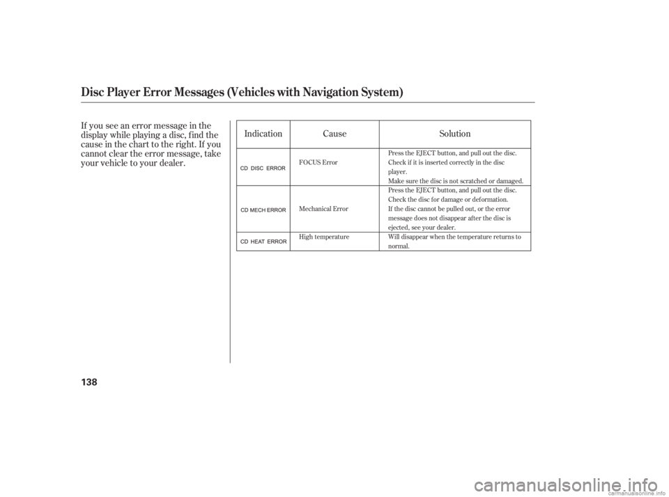 HONDA CIVIC SEDAN 2006  Owners Manual (in English) Cause
Indication Solution
If you see an error message in the
display while playing a disc, f ind the
cause in the chart to the right. If you
cannot clear the error message, take
your vehicle to your d