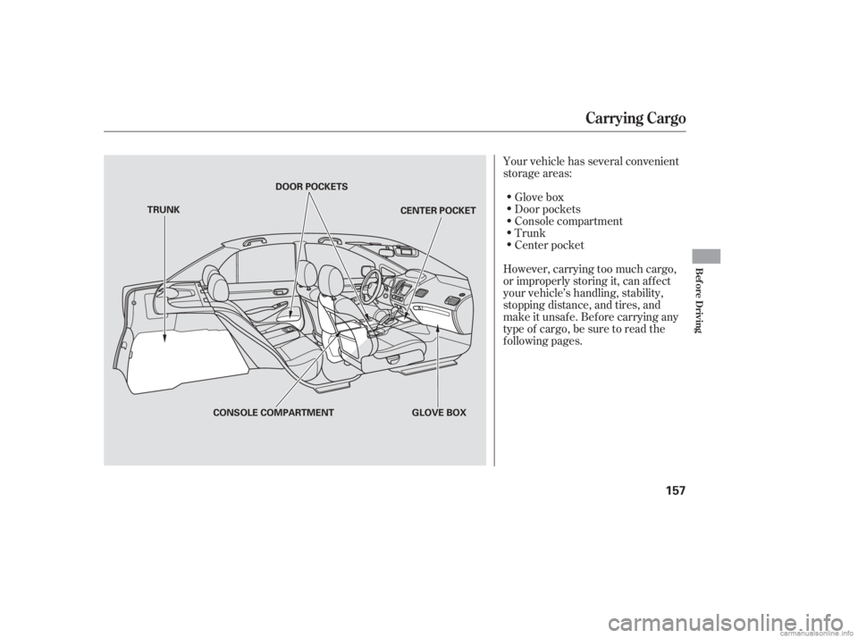 HONDA CIVIC SEDAN 2006  Owners Manual (in English) Your vehicle has several convenient
storage areas:Glove box
Console compartment
Trunk
However, carrying too much cargo,
or improperly storing it, can af f ect
your vehicle’s handling, stability,
sto
