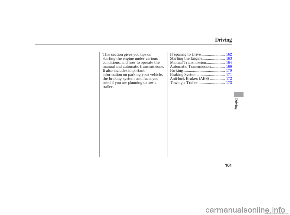 HONDA CIVIC SEDAN 2006  Owners Manual (in English) ........................
Preparing to Drive .162
.......................
Starting the Engine .163
...................
Manual Transmission .164
..............
Automatic Transmission .166
..............