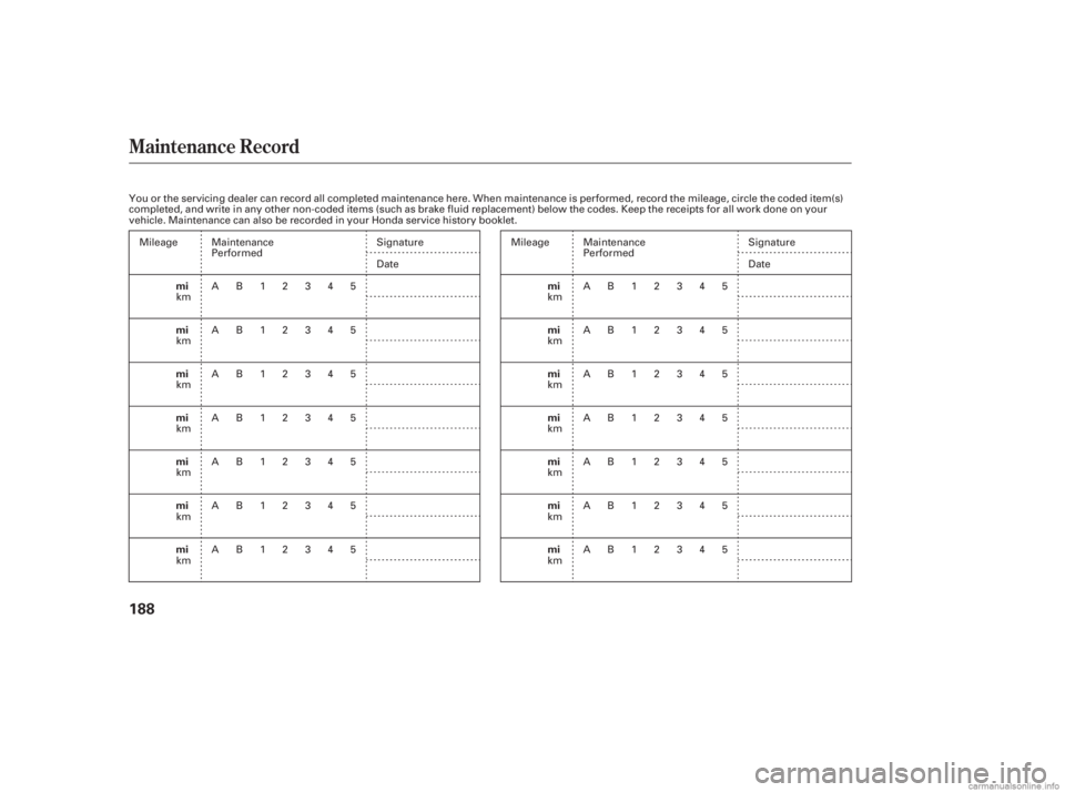 HONDA CIVIC SEDAN 2006  Owners Manual (in English) Maintenance Record
188
mi
mi
mi
mi
mi
mi
mimi
mi
mi
mi
mi
mi
mi
You or the servicing dealer can record all completed maintenance here. When maintenance is performed, record the mileage, circle the cod