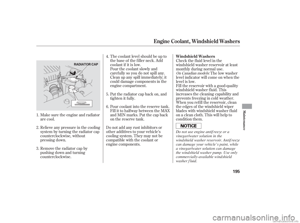 HONDA CIVIC SEDAN 2006  Owners Manual (in English) The coolant level should be up to
the base of the f iller neck. Add
coolant if it is low.
Pourthecoolantslowlyand
caref ully so you do not spill any.
Clean up any spill immediately; it
could damage co