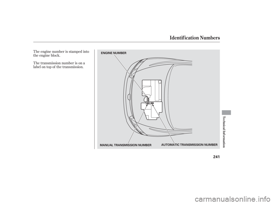 HONDA CIVIC SEDAN 2006  Owners Manual (in English) The transmission number is on a
label on top of the transmission. The engine number is stamped into
the engine block.
Identif ication Numbers
Technical Inf ormation
241
AUTOMATIC TRANSMISSION NUMBER
E