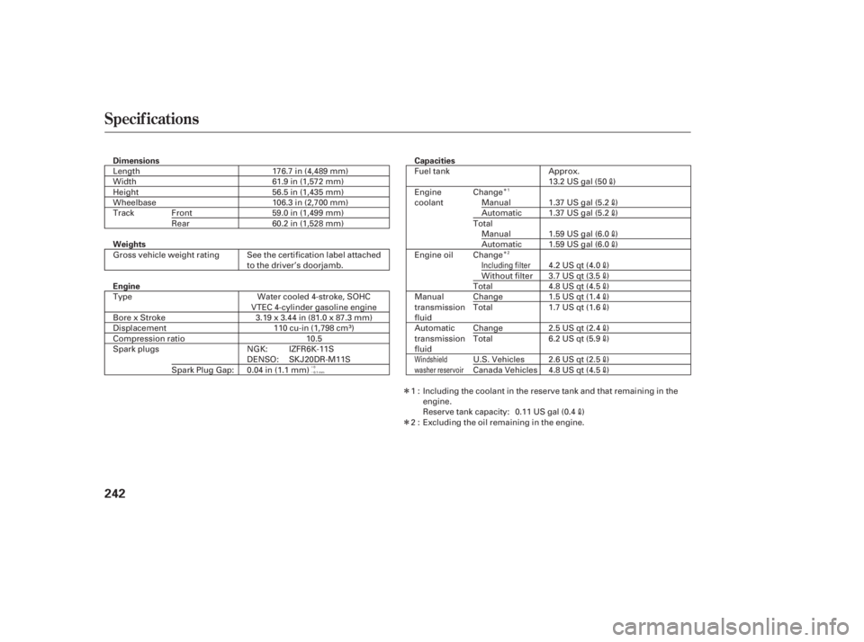 HONDA CIVIC SEDAN 2006  Owners Manual (in English) Î
Î
´
µ
Î
Î
Specif ications
242
Dimensions
Weights
EngineCapacities
176.7 in (4,489 mm)
61.9 in (1,572 mm)
56.5 in (1,435 mm)
106.3 in (2,700 mm)
59.0 in (1,499 mm)
60.2 in (1,528 mm) 13.2