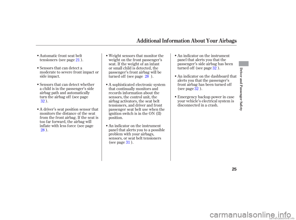 HONDA CIVIC SEDAN 2006  Owners Manual (in English) Sensors that can detect a
moderate to severe front impact or
side impact.
Sensors that can detect whether
a child is in the passenger’s side
airbag path and automatically
turn the airbag off (see pa
