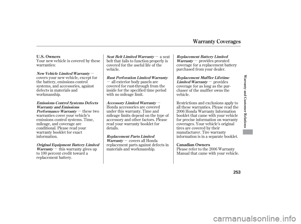 HONDA CIVIC SEDAN 2006  Owners Manual (in English) µµ
µ µ
µ µ
µ µ
µ
Your new vehicle is covered by these
warranties:
covers your new vehicle, except f or
the battery, emissions control
systems, and accessories, against
def ects in ma