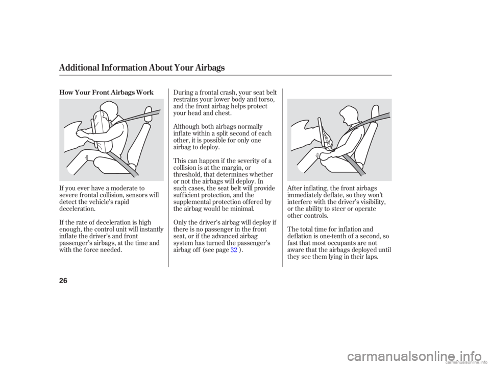 HONDA CIVIC SEDAN 2006   (in English) Owners Guide Af ter inf lating, the f ront airbags
immediately def late, so they won’t
interf ere with the driver’s visibility,
or the ability to steer or operate
other controls.
Although both airbags normally