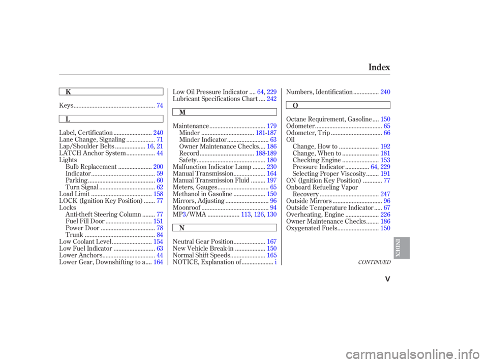 HONDA CIVIC SEDAN 2006  Owners Manual (in English) CONT INUED
..................................................
Keys .74
.......................
Label, Certif ication .240
.................
Lane Change, Signaling . 71
..................
Lap/Shoulder 