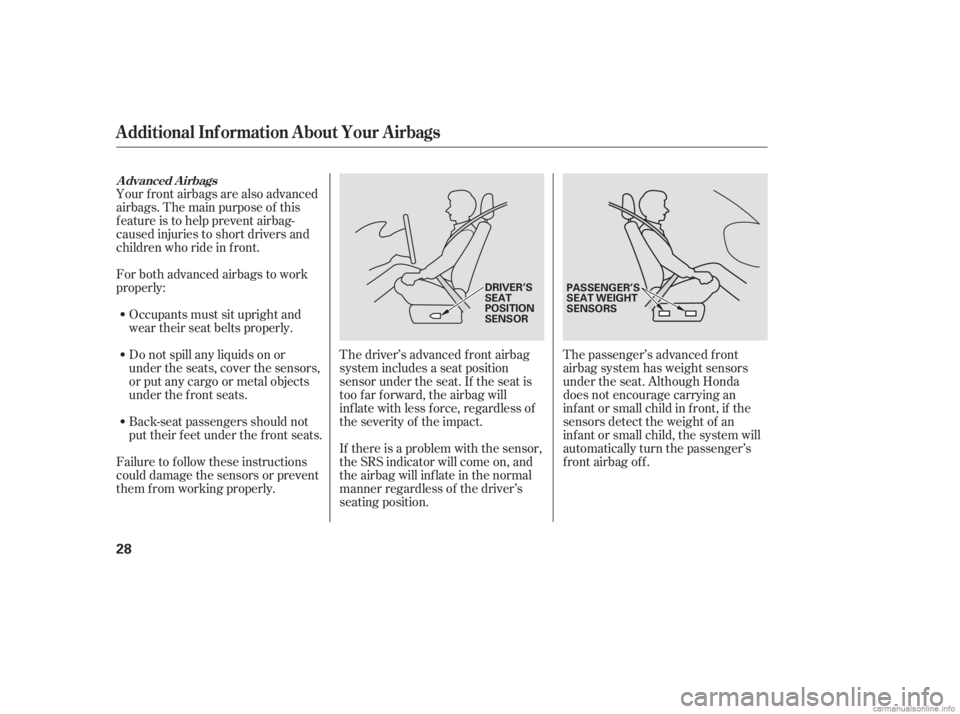 HONDA CIVIC SEDAN 2006  Owners Manual (in English) The driver’s advanced front airbag
system includes a seat position
sensor under the seat. If the seat is
too f ar f orward, the airbag will
inf late with less f orce, regardless of
the severity of t