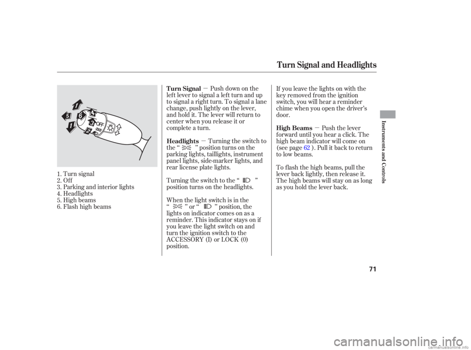 HONDA CIVIC SEDAN 2006   (in English) Manual PDF µ
µ µ
Push down on the
lef t lever to signal a lef t turn and up
to signal a right turn. To signal a lane
change, push lightly on the lever,
and hold it. The lever will return to
center when you