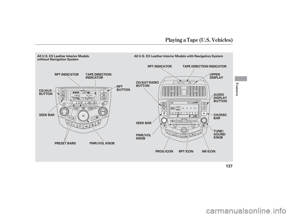 HONDA ACCORD SEDAN 2005  Owners Manual (in English) Playing a T ape (U.S. Vehicles)
Features
137
PWR/VOL KNOBUPPER
DISPLAY
AUDIO
DISPLAY
BUTTON
SEEK BAR
CD/AUX
BUTTON
SEEK BAR RPT INDICATOR TAPE DIRECTION
INDICATOR
RPT
BUTTONCD/SAT RADIO
BUTTON
PWR/VOL