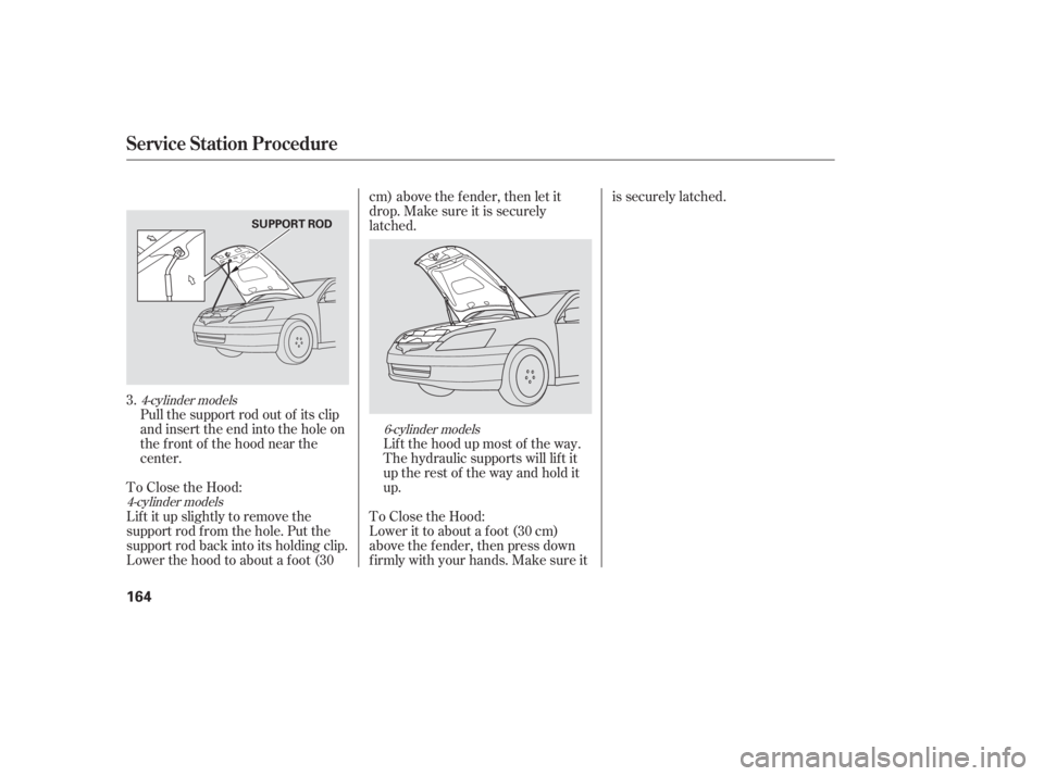 HONDA ACCORD SEDAN 2005 Owners Manual (in English) 4-cylinder models4-cylinder models 6-cylinder models
Lif t it up slightly to remove the
support rod f rom the hole. Put the
support rod back into its holding clip.
Lower the hood to about a f oot (30c HONDA ACCORD SEDAN 2005 Owners Manual (in English) 4-cylinder models4-cylinder models 6-cylinder models
Lif t it up slightly to remove the
support rod f rom the hole. Put the
support rod back into its holding clip.
Lower the hood to about a f oot (30c
