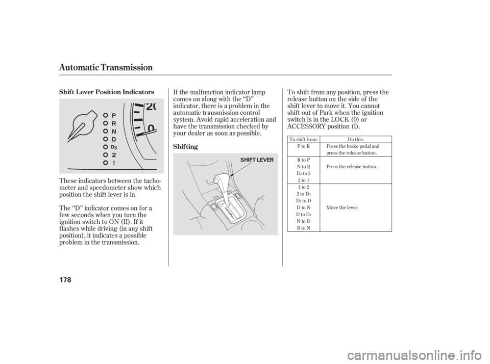 HONDA ACCORD SEDAN 2005  Owners Manual (in English) These indicators between the tacho-
meter and speedometer show which
position the shif t lever is in.
The ‘‘D’’ indicator comes on f or a
f ew seconds when you turn the
ignition switch to ON (