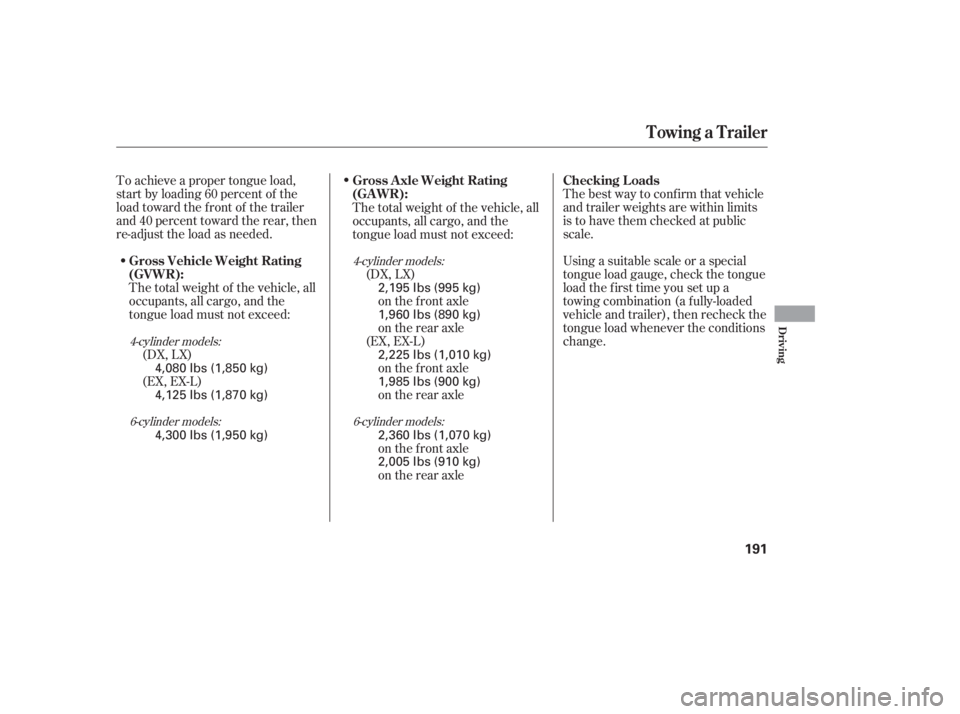HONDA ACCORD SEDAN 2005  Owners Manual (in English) To achieve a proper tongue load,
start by loading 60 percent of the
load toward the front of the trailer
and 40 percent toward the rear, then
re-adjust the load as needed.The total weight of the vehic