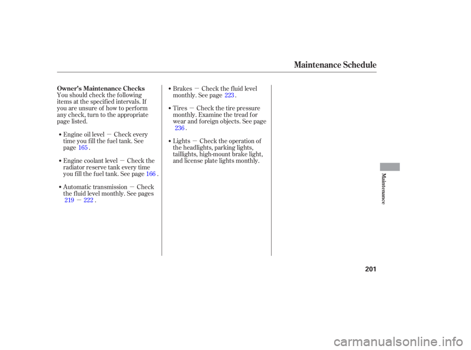 HONDA ACCORD SEDAN 2005  Owners Manual (in English) µµ µ
µ
µ
µ µ
Youshouldcheckthefollowing
items at the specif ied intervals. If
you are unsure of how to perf orm
any check, turn to the appropriate
page listed.
Engine oil level Check eve