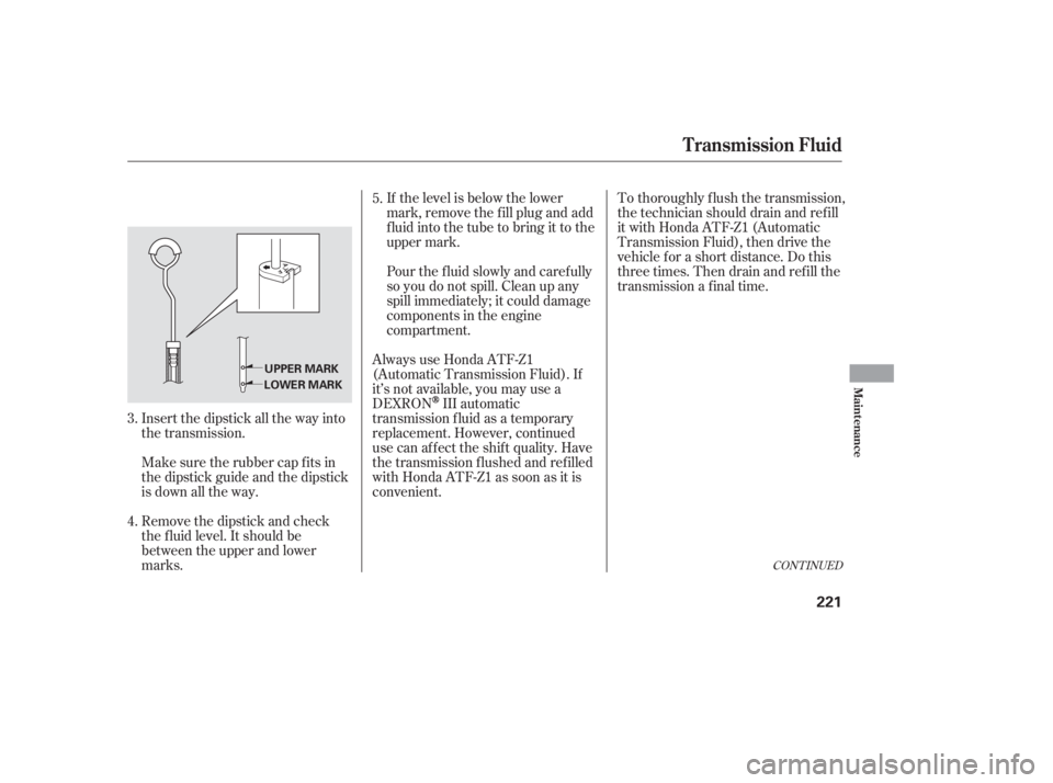 HONDA ACCORD SEDAN 2005  Owners Manual (in English) Insert the dipstick all the way into
the transmission.If the level is below the lower
mark, remove the f ill plug and add
f luid into the tube to bring it to the
upper mark.
To thoroughly f lush the t