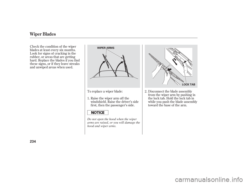 HONDA ACCORD SEDAN 2005  Owners Manual (in English) Check the condition of the wiper
blades at least every six months.
Look f or signs of cracking in the
rubber, or areas that are getting
hard. Replace the blades if you f ind
these signs, or if they le