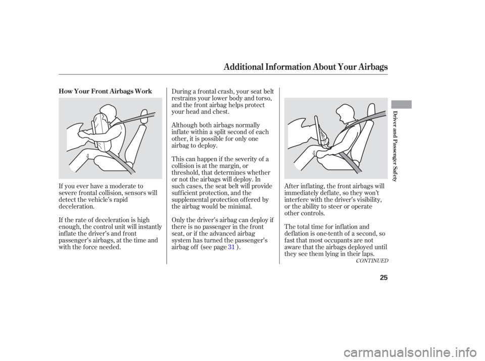 HONDA ACCORD SEDAN 2005 (in English) Owners Guide CONT INUED
Af ter inf lating, the f ront airbags will
immediately def late, so they won’t
interf ere with the driver’s visibility,
or the ability to steer or operate
other controls.
The total time HONDA ACCORD SEDAN 2005 (in English) Owners Guide CONT INUED
Af ter inf lating, the f ront airbags will
immediately def late, so they won’t
interf ere with the driver’s visibility,
or the ability to steer or operate
other controls.
The total time