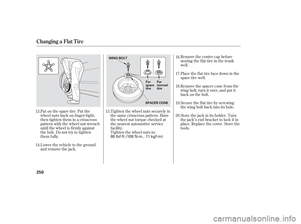 HONDA ACCORD SEDAN 2005  Owners Manual (in English) Tighten the wheel nuts securely in
the same crisscross pattern. Have
the wheel nut torque checked at
the nearest automotive service
f acility.
Tighten the wheel nuts to:
Put on the spare tire. Put the