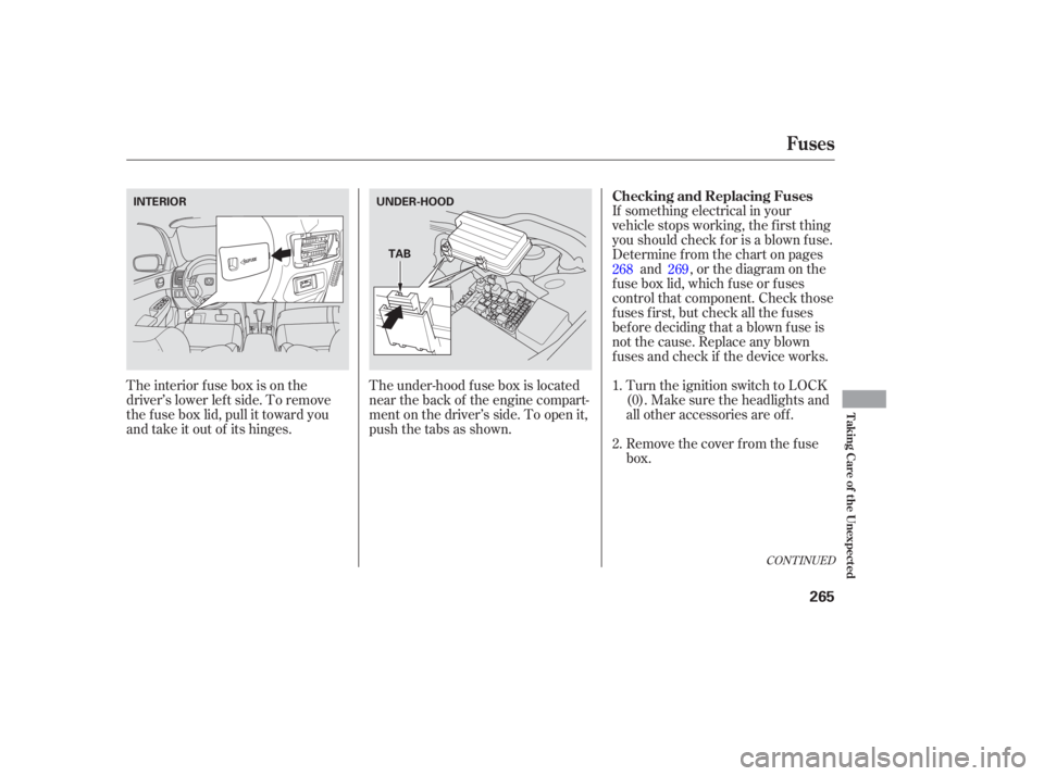 HONDA ACCORD SEDAN 2005  Owners Manual (in English) The interior f use box is on the
driver’s lower lef t side. To remove
the f use box lid, pull it toward you
and take it out of its hinges.The under-hood f use box is located
near the back of the eng