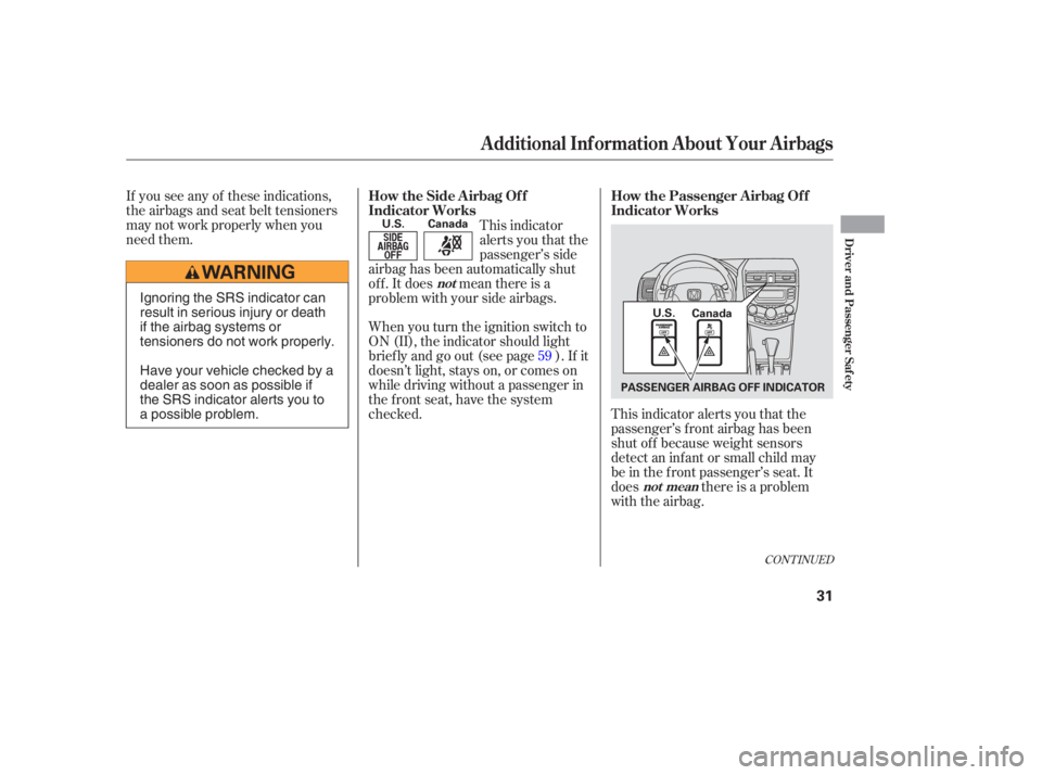 HONDA ACCORD SEDAN 2005   (in English) Owners Guide If you see any of these indications,
the airbags and seat belt tensioners
may not work properly when you
need them.This indicator alerts you that the
passenger’s f ront airbag has been
shut of f bec