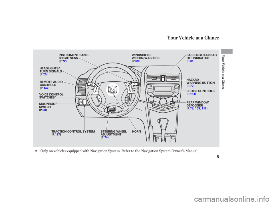 HONDA ACCORD SEDAN 2005  Owners Manual (in English) Î
ÎOnly on vehicles equipped with Navigation System. Ref er to the Navigation System Owner’s Manual.
:
Your Vehicle at a Glance
Your Vehicle at a Glance
5
WINDSHIELD
WIPERS/WASHERS
INSTRUMENT PA