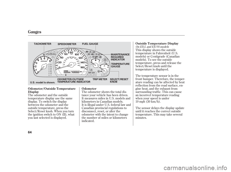 HONDA ACCORD SEDAN 2005   (in English) Repair Manual The odometer shows the total dis-
tance your vehicle has been driven.
It measures miles in U.S. models and
kilometers in Canadian models.
It is illegal under U.S. f ederal law and
Canadian provincial 