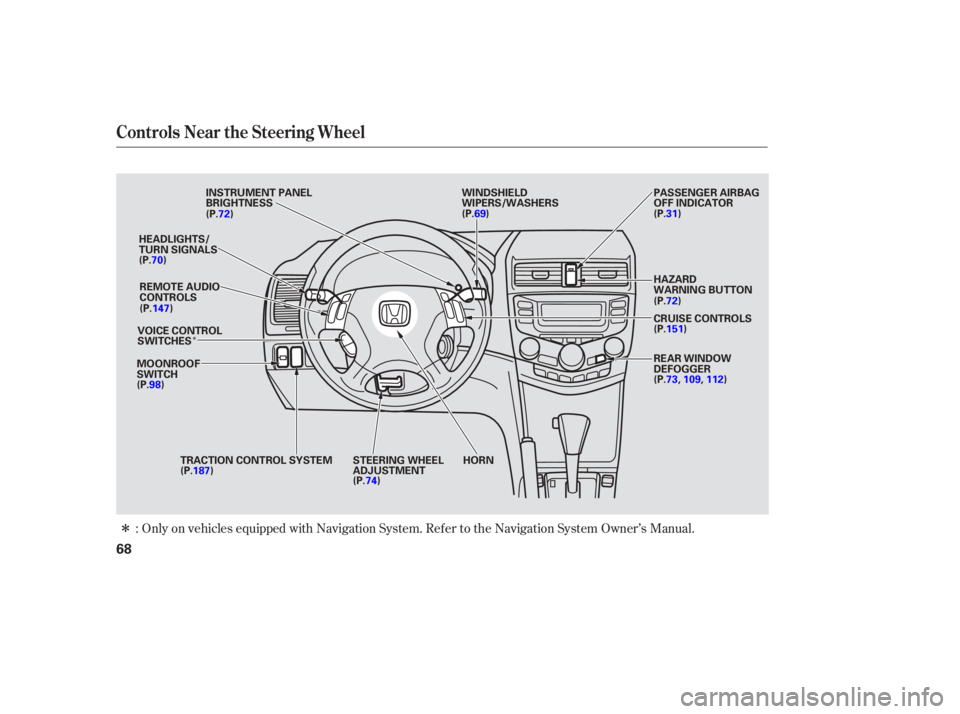 HONDA ACCORD SEDAN 2005   (in English) Repair Manual Î
ÎOnly on vehicles equipped with Navigation System. Ref er to the Navigation System Owner’s Manual.
:
Controls Near the Steering Wheel
68
WINDSHIELD
WIPERS/WASHERS
INSTRUMENT PANEL
BRIGHTNESS
M