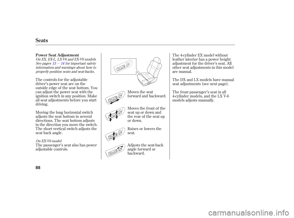 HONDA ACCORD SEDAN 2005   (in English) Manual Online µ
Raises or lowers the
seat.
Adjusts the seat-back
angle f orward or
backward. Moves the f ront of the
seat up or down and
the rear of the seat up
or down. Moves the seat
f orward and backward.
The 
