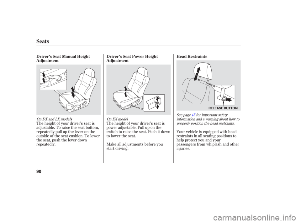 HONDA ACCORD SEDAN 2005   (in English) Owners Manual See page f or important saf etyinf ormation and a warning about how toproperly position the head restraints.
On DX and LX models
On EX model 15
Your vehicle is equipped with head
restraints in all sea