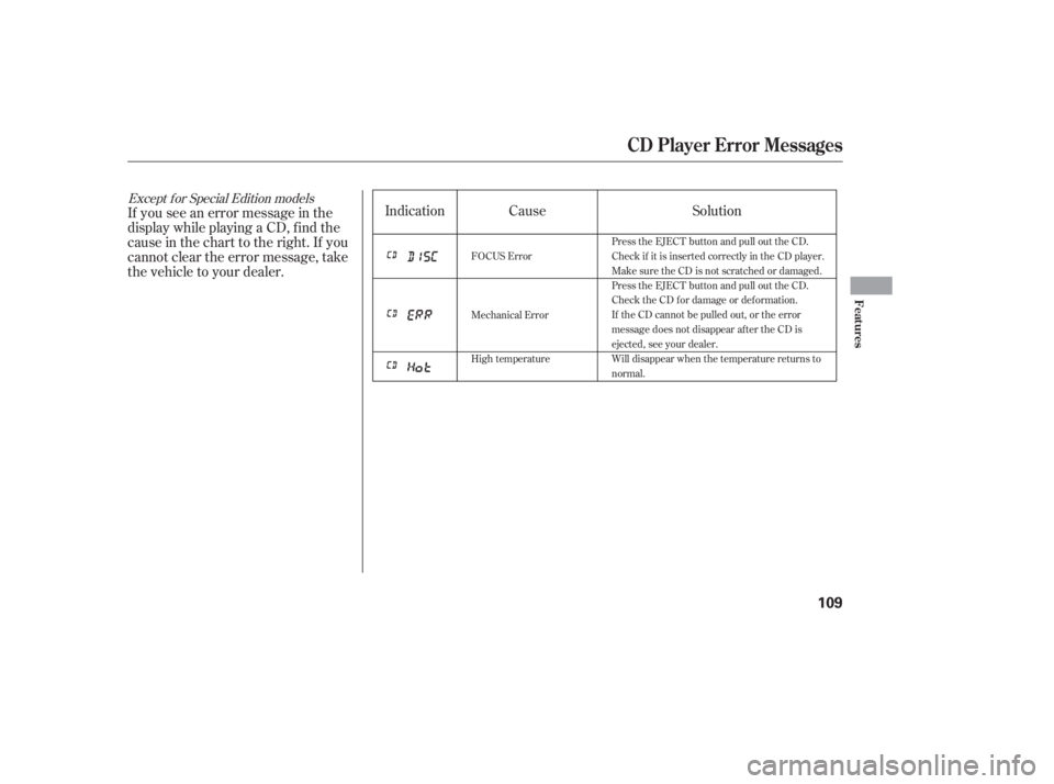 HONDA CIVIC SEDAN 2005  Owners Manual (in English) Cause
Indication
If you see an error message in the
display while playing a CD, f ind the
cause in the chart to the right. If you
cannot clear the error message, take
the vehicle to your dealer. Solut