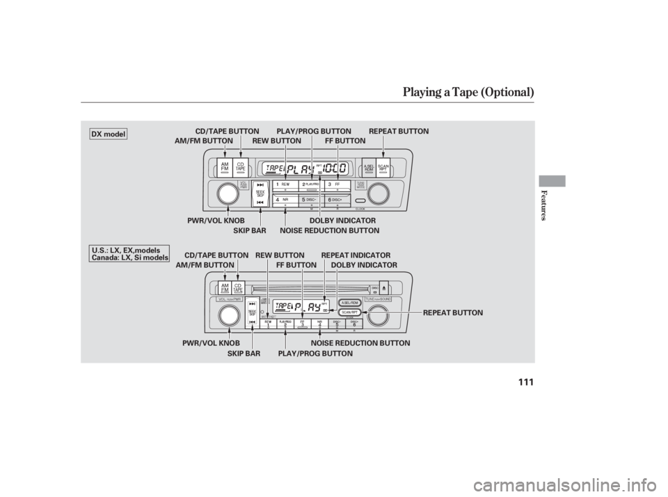 HONDA CIVIC SEDAN 2005  Owners Manual (in English) Playing a T ape (Opt ional)
Features
111
REW BUTTON
PWR/VOL KNOB PLAY/PROG BUTTON
SKIP BAR FF BUTTON
REPEAT INDICATOR
DOLBY INDICATOR
PWR/VOL KNOB
AM/FM BUTTON
FF BUTTON
REW BUTTON PLAY/PROG BUTTON
SK