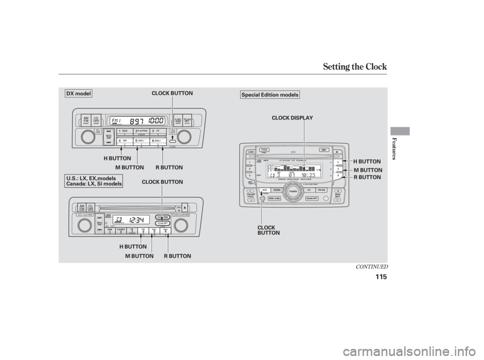 HONDA CIVIC SEDAN 2005  Owners Manual (in English) CONT INUED
Setting the Clock
Features
115
M BUTTON
H BUTTON
R BUTTON
H BUTTON
R BUTTON
M BUTTON CLOCK BUTTON
DX model
U.S.: LX, EX,models
Canada: LX, Si models CLOCK
BUTTONM BUTTON
R BUTTON
CLOCK DISP