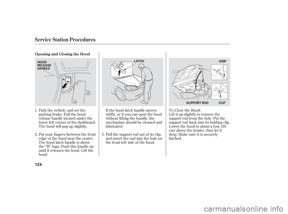 HONDA CIVIC SEDAN 2005  Owners Manual (in English) Park the vehicle, and set the
parking brake. Pull the hood
release handle located under the
lower lef t corner of the dashboard.
The hood will pop up slightly.If the hood latch handle moves
stif f ly,