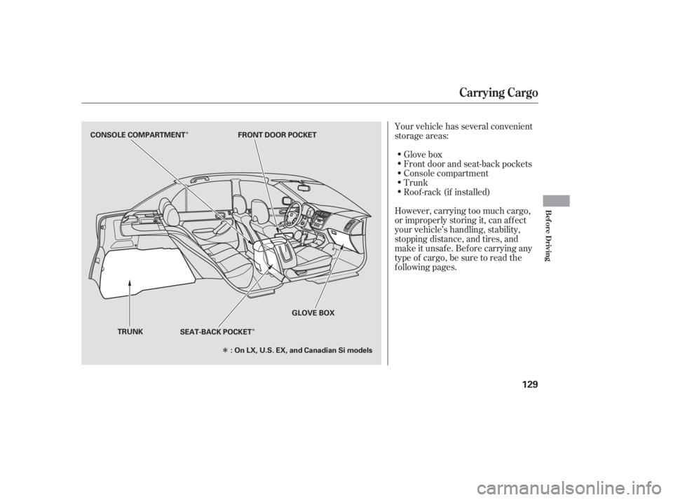 HONDA CIVIC SEDAN 2005  Owners Manual (in English) ÎÎ
Î
Your vehicle has several convenient
storage areas:Glove box
Front door and seat-back pockets
Console compartment
Trunk
Roof -rack (if installed)
However, carrying too much cargo,
or imprope
