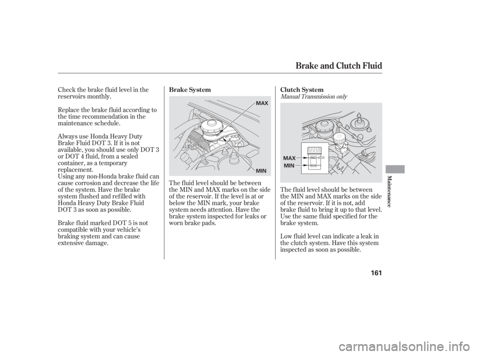 HONDA CIVIC SEDAN 2005  Owners Manual (in English) Check the brake f luid level in the
reservoirs monthly.
Always use Honda Heavy Duty
Brake Fluid DOT 3. If it is not
available, you should use only DOT 3
or DOT 4 f luid, f rom a sealed
container, as a