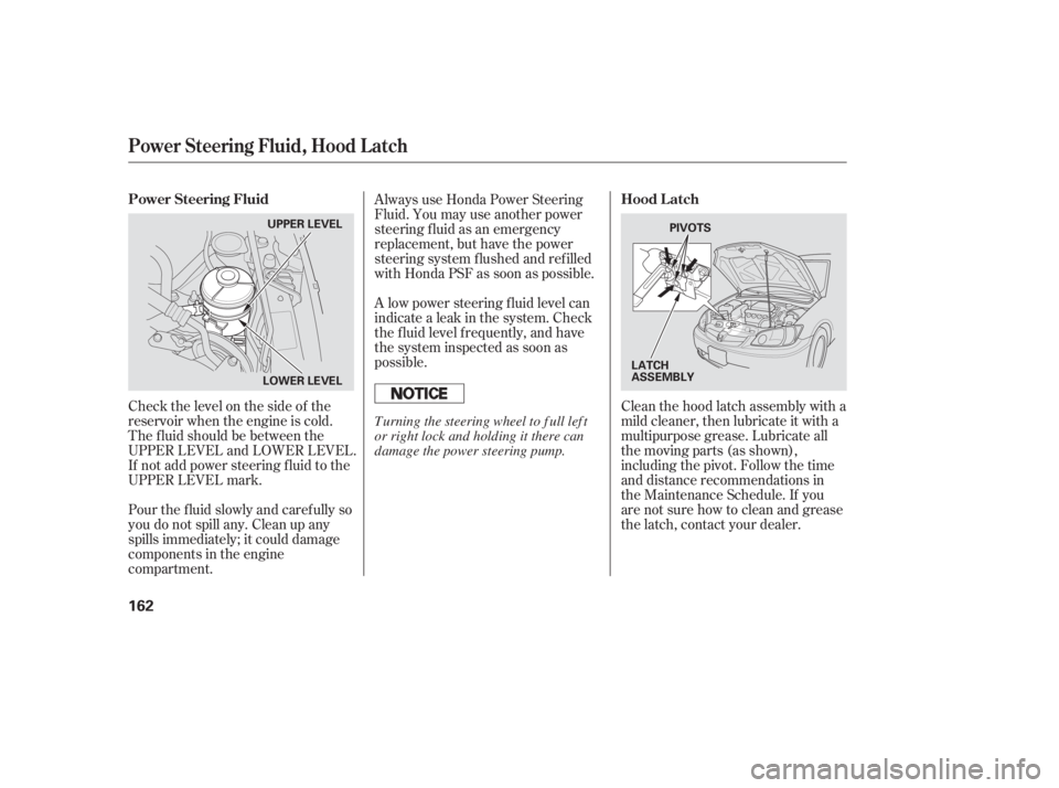HONDA CIVIC SEDAN 2005  Owners Manual (in English) Check the level on the side of the
reservoir when the engine is cold.
The f luid should be between the
UPPER LEVEL and LOWER LEVEL.
If not add power steering f luid to the
UPPER LEVEL mark.Clean the h