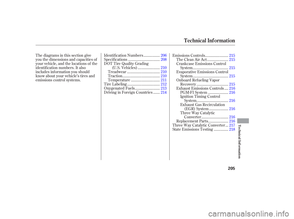 HONDA CIVIC SEDAN 2005  Owners Manual (in English) Thediagramsinthissectiongive
you the dimensions and capacities of
your vehicle, and the locations of the
identif ication numbers. It also
includes inf ormation you should
know about your vehicle’s t