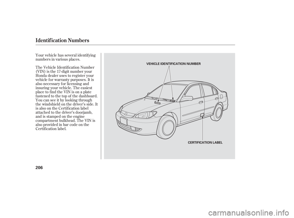 HONDA CIVIC SEDAN 2005  Owners Manual (in English) The Vehicle Identif ication Number
(VIN) is the 17-digit number your
Honda dealer uses to register your
vehicle f or warranty purposes. It is
also necessary f or licensing and
insuring your vehicle. T