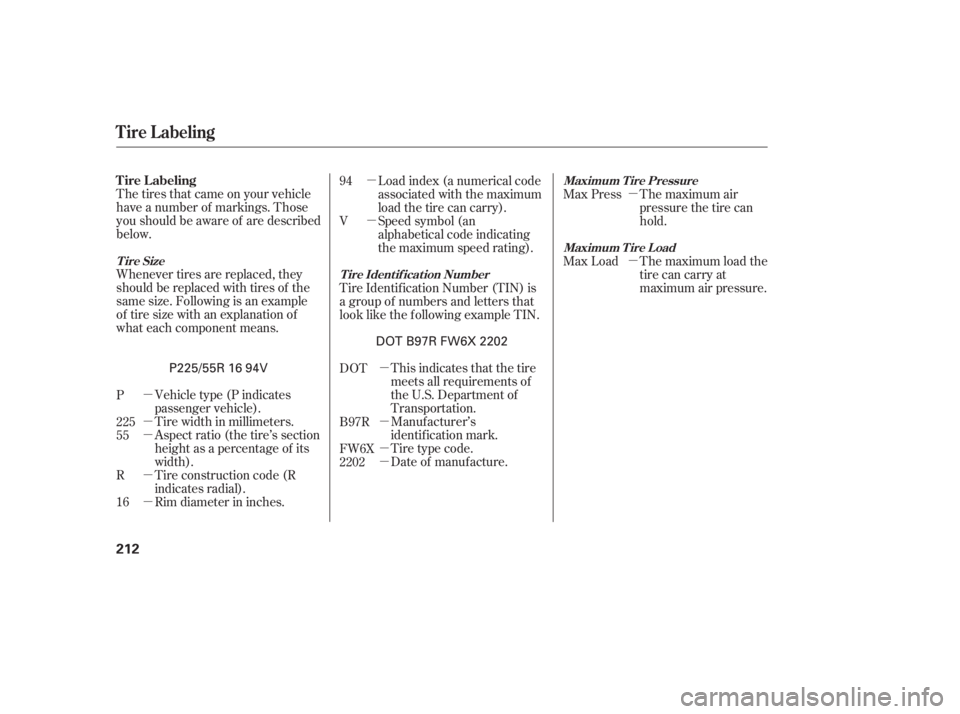 HONDA CIVIC SEDAN 2005  Owners Manual (in English) µ
µ
µ
µ
µ
µ
µ
µ
µ µ
µ
µ
µ
The tires that came on your vehicle
have a number of markings. Those
you should be aware of are described
below.
Whenever tires are replaced, they
s