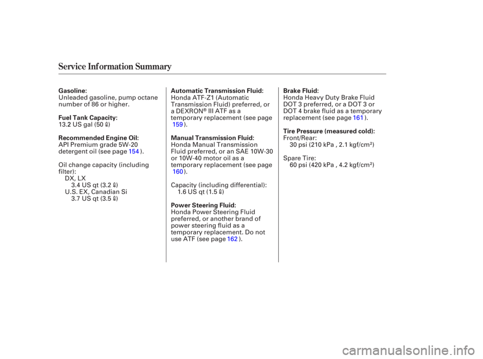 HONDA CIVIC SEDAN 2005  Owners Manual (in English) Service Inf ormat ion Summary
Automatic Transmission Fluid: Brake Fluid:
Fuel Tank Capacity: Gasoline:
Recommended Engine Oil: Tire Pressure (measured cold):
Manual Transmission Fluid:
Power Steering 