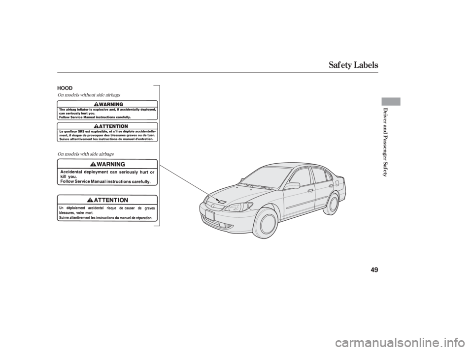 HONDA CIVIC SEDAN 2005 (in English) Service Manual On models without side airbagsOn models with side airbags
Saf ety L abels
Driver and Passenger Saf ety
49
HOOD HONDA CIVIC SEDAN 2005 (in English) Service Manual On models without side airbagsOn models with side airbags
Saf ety L abels
Driver and Passenger Saf ety
49
HOOD