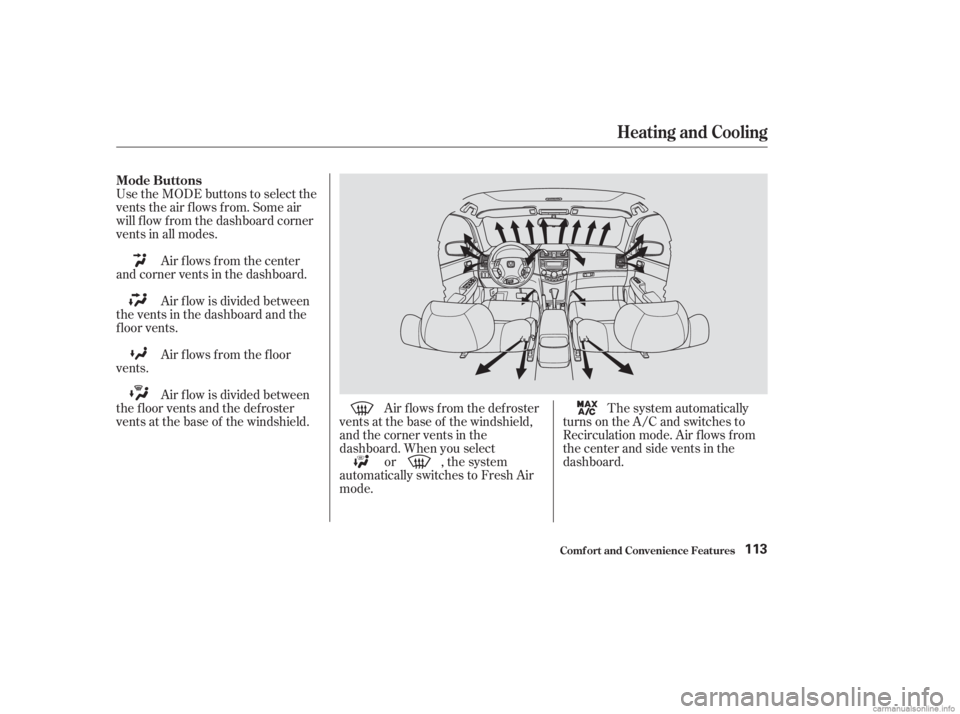 HONDA ACCORD SEDAN 2003  Owners Manual (in English) Use the MODE buttons to select the
vents the air flows from. Some air
will f low f rom the dashboard corner
vents in all modes.Air flows from the center
and corner vents in the dashboard.
Air f low is