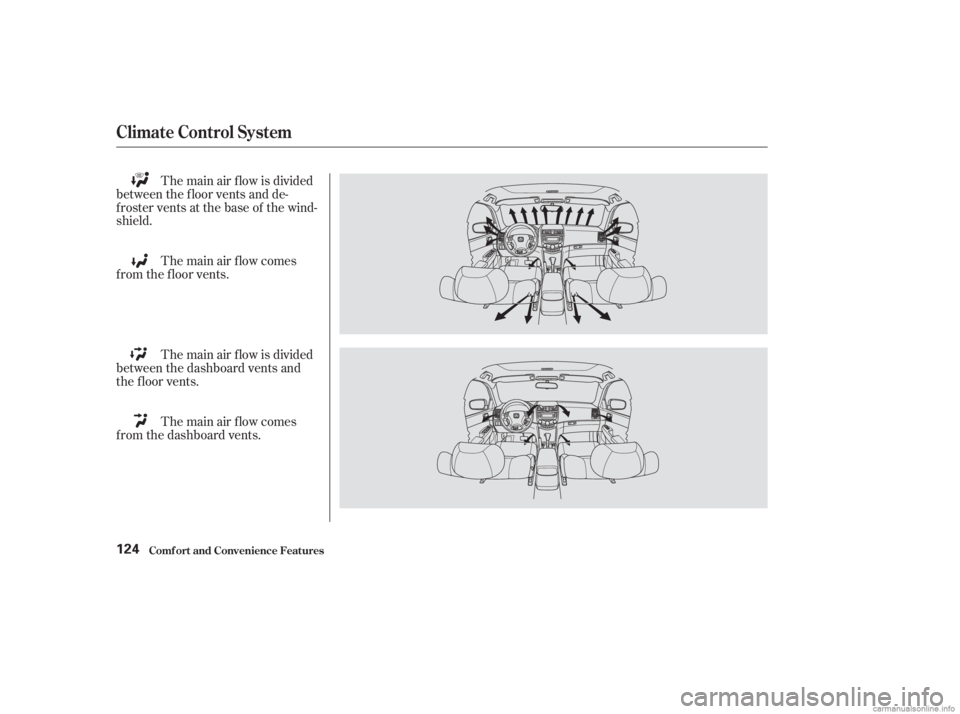 HONDA ACCORD SEDAN 2003  Owners Manual (in English) The main air f low is divided
between the dashboard vents and
the f loor vents. The main air flow comes
f rom the f loor vents.
The main air flow comes
f rom the dashboard vents. The main air f low is