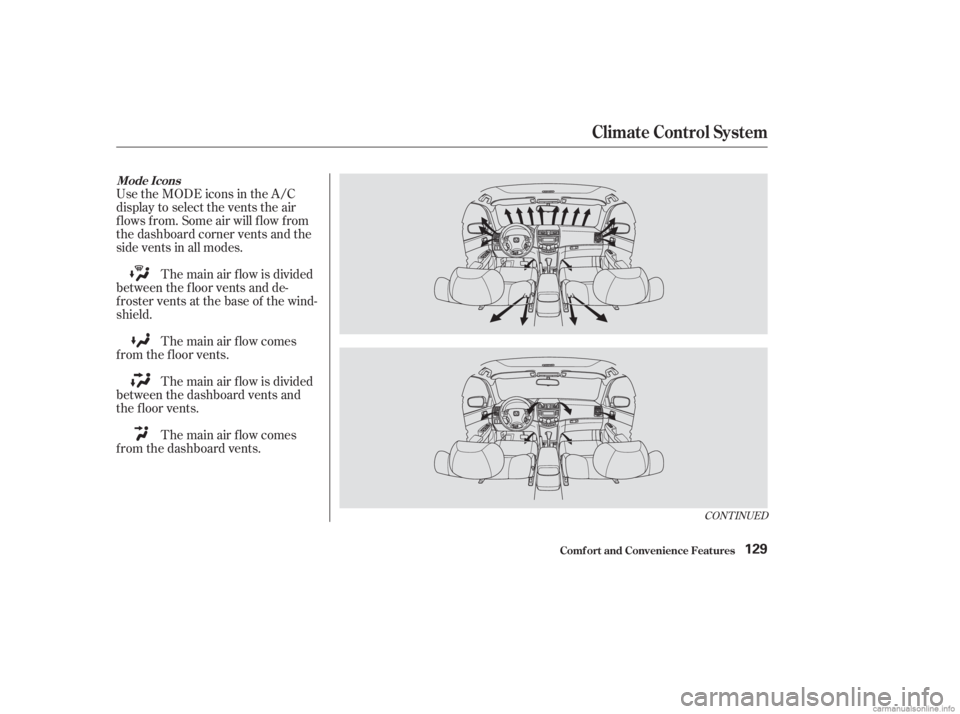 HONDA ACCORD SEDAN 2003  Owners Manual (in English) Use the MODE icons in the A/C
display to select the vents the air
flows from. Some air will flow from
the dashboard corner vents and the
side vents in all modes.The main air f low is divided
between t