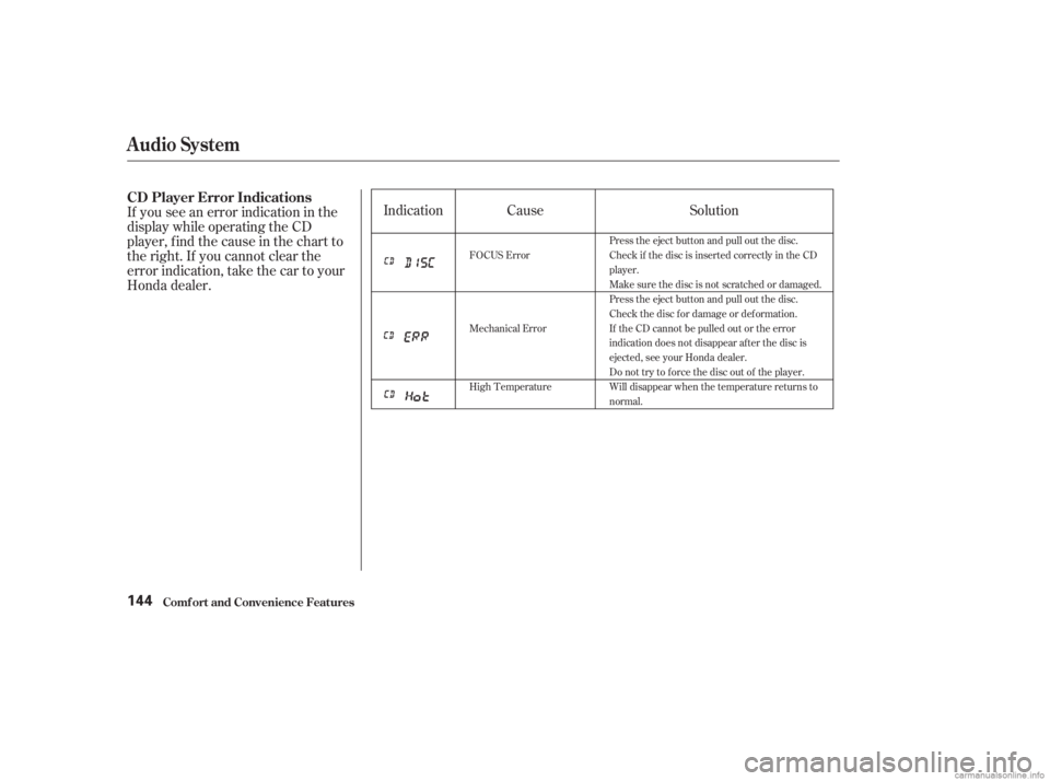 HONDA ACCORD SEDAN 2003  Owners Manual (in English) If you see an error indication in the
display while operating the CD
player,findthecauseinthechartto
the right. If you cannot clear the
error indication, take the car to your
Honda dealer.Indication C