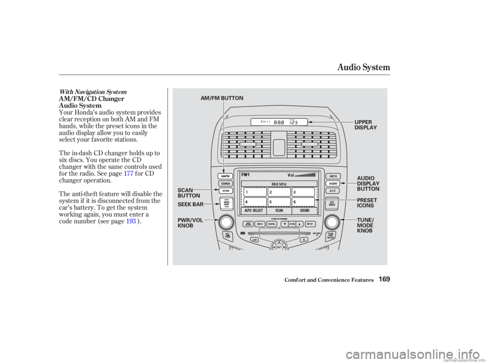 HONDA ACCORD SEDAN 2003  Owners Manual (in English) The in-dash CD changer holds up to
six discs. You operate the CD
changer with the same controls used
f or the radio. See page f or CD
changer operation.
The anti-thef t f eature will disable the
syste