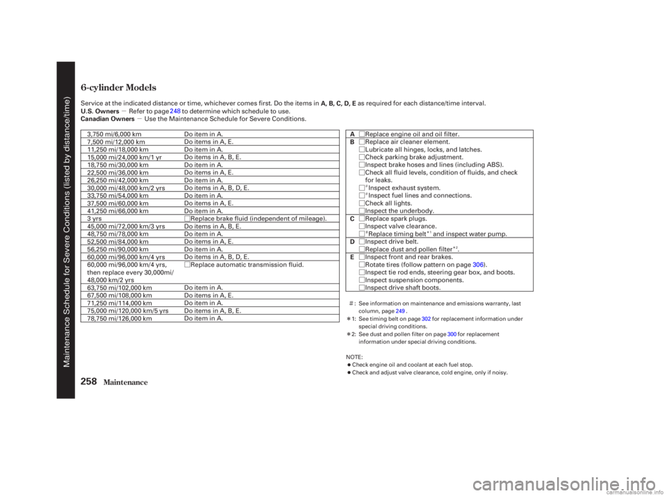 HONDA ACCORD SEDAN 2003  Owners Manual (in English) µ
µ
Ø
Ø Ø
Ø
Ø
Ø
Ø
Ø
Ø
Ø
Ø
Ø
Ø
Ø
Ø
Ø
Ø
Ø
Ø
Ø
Ø
Ø
Ì
Ì
Î
Î
Ì
Î
Î
6-cylinder Models
Maint enance258
Canadian Owners U.S. Owners A, B, C, D, 