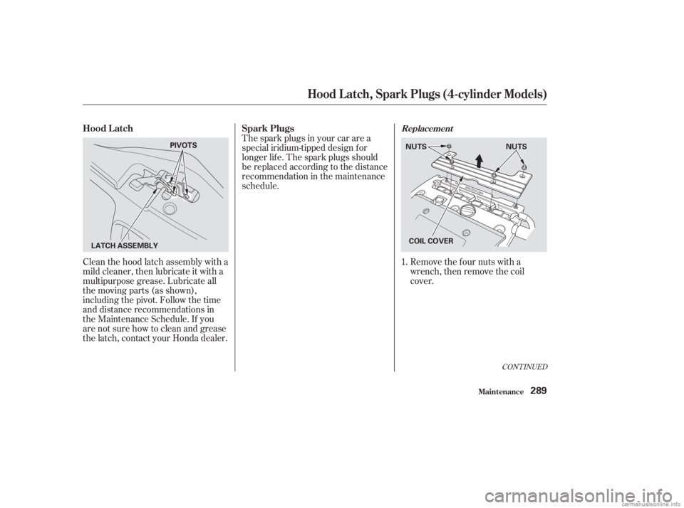 HONDA ACCORD SEDAN 2003  Owners Manual (in English) Clean the hood latch assembly with a
mild cleaner, then lubricate it with a
multipurpose grease. Lubricate all
the moving parts (as shown),
including the pivot. Follow the time
and distance recommenda