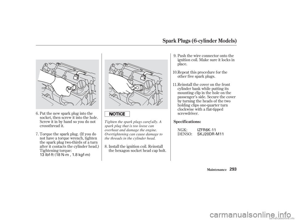 HONDA ACCORD SEDAN 2003  Owners Manual (in English) Torque the spark plug. (If you do
not have a torque wrench, tighten
the spark plug two-thirds of a turn
af ter it contacts the cylinder head.)
Tightening torque: Put the new spark plug into the
socket